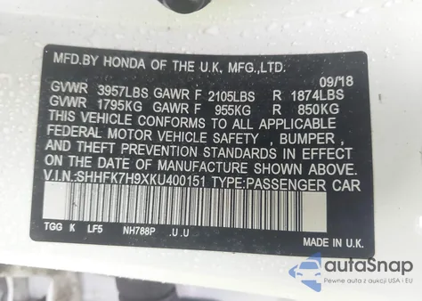 2019 Honda Civic Sport Touring из США, поврежденный, VIN SHHFK7H9XKU400151